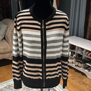 Elegant Striped Cardigan - Black, White, Tan